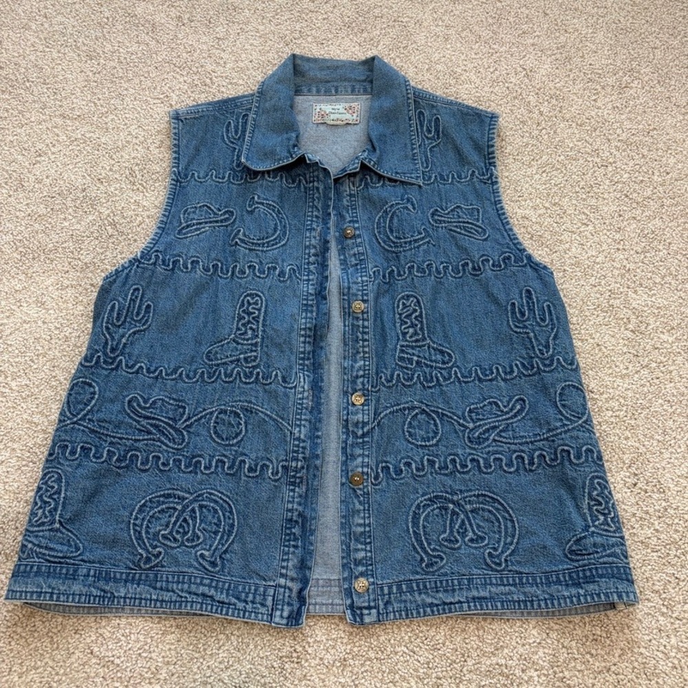 Vintage New Directions Denim Vest Womens M Blue Embroidered Western Rodeo Horse